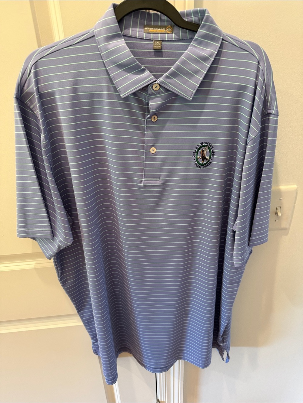 Peter Millar Men's Light Blue and White Striped Polo with Embroidered Crest